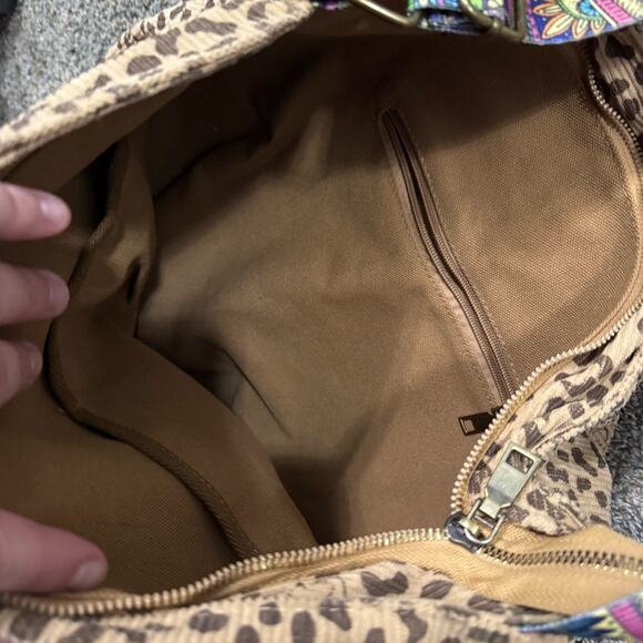 Leopard Print Ribbed Boho Purse Bag w/ Multicolor Straps & Smiley Faces - Picture 8 of 13